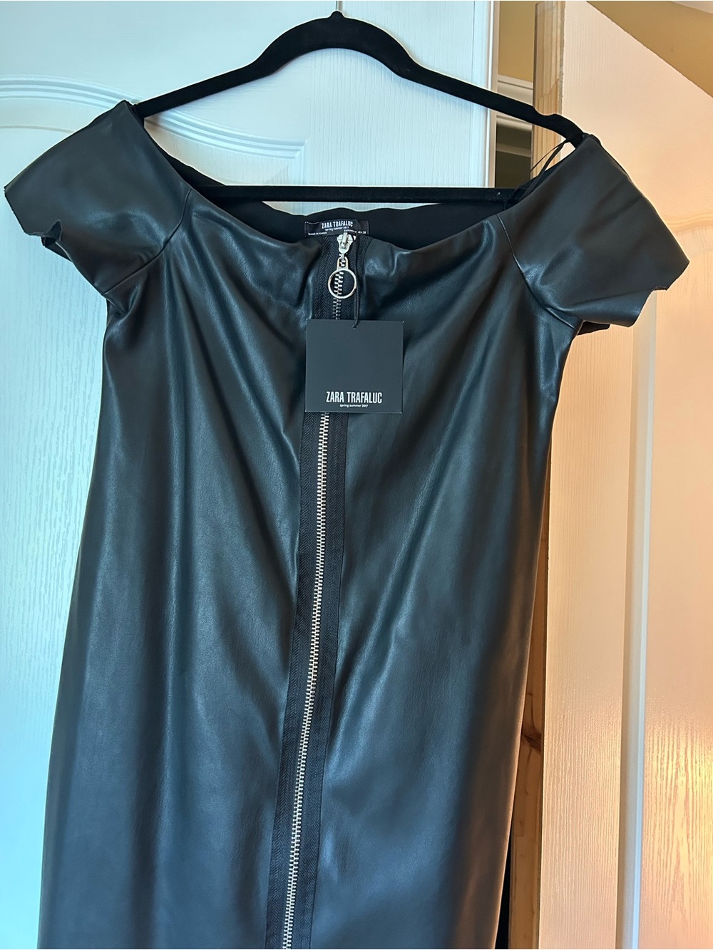 Zara Black Off-Shoulder Faux Leather Dress with Center Zip